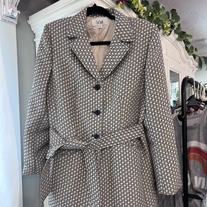 LE SUIT Belted Geo Print Belted Coat in Silver/Charcoal/Ivory, Lined, Sz 12